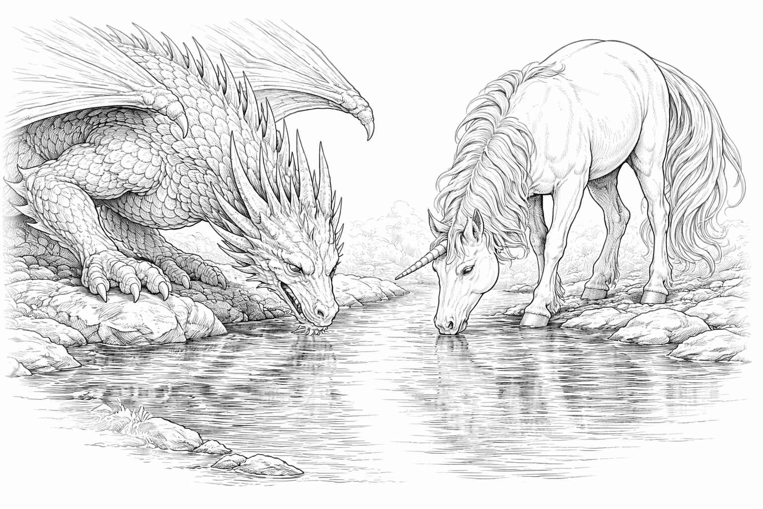 Dragon and Unicorn by Water Coloring Page