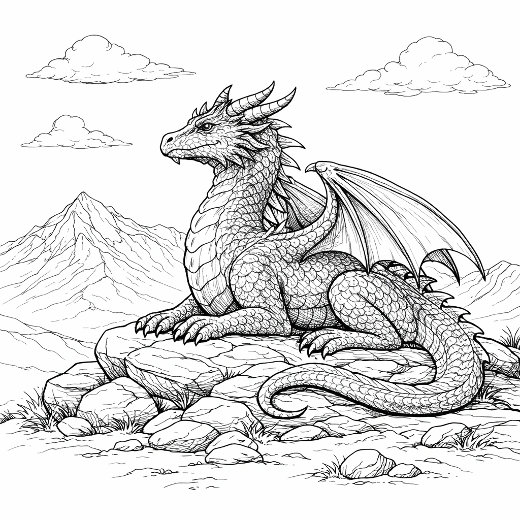 Resting Dragon on Rocks Coloring Page
