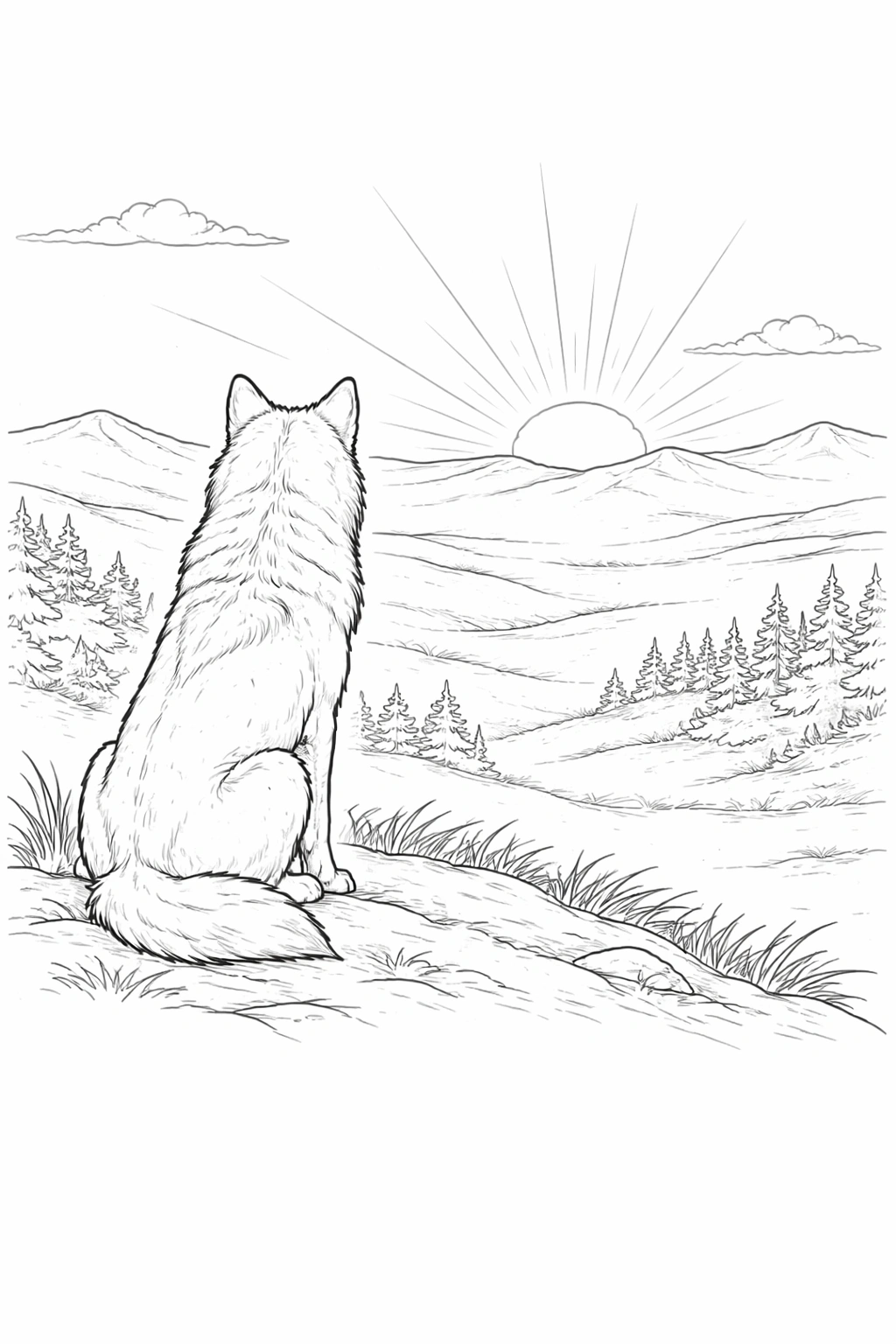 Wolf Watching Sunset Coloring Page