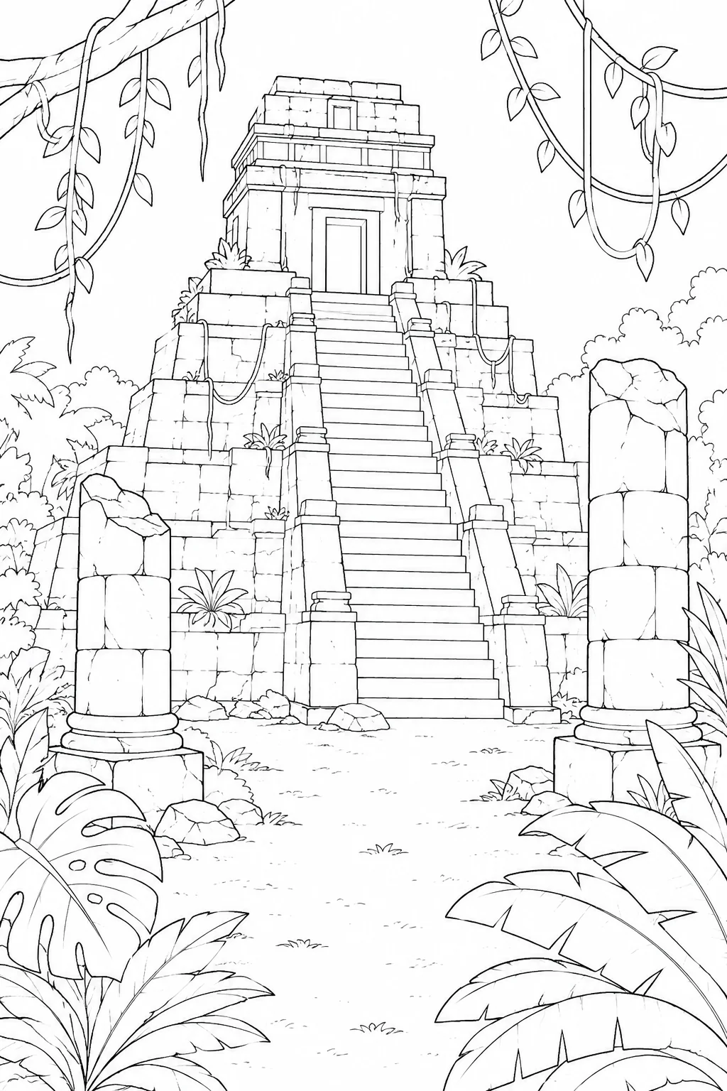 Ancient Jungle Temple Stairway Coloring Page