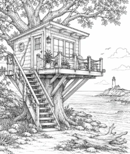 Angled Forest Treehouse Coloring Page