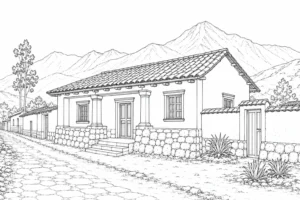 Asian Stilt House Scene 359 Coloring Page