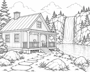 Cabin Porch by Waterfall Coloring Page