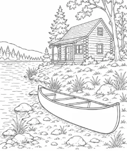 Cabin With Canoe on Lakeshore Coloring Page