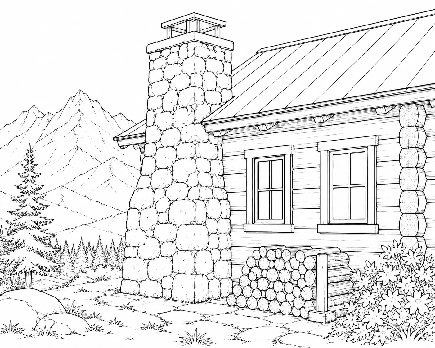 Charming Mountain Cabin Coloring Page