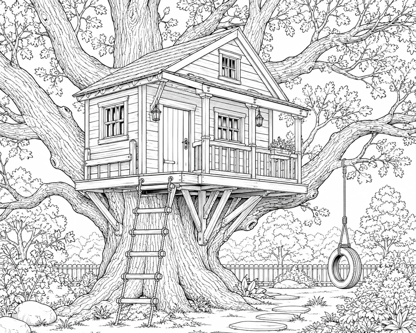 Classic Treehouse Cabin Coloring Page