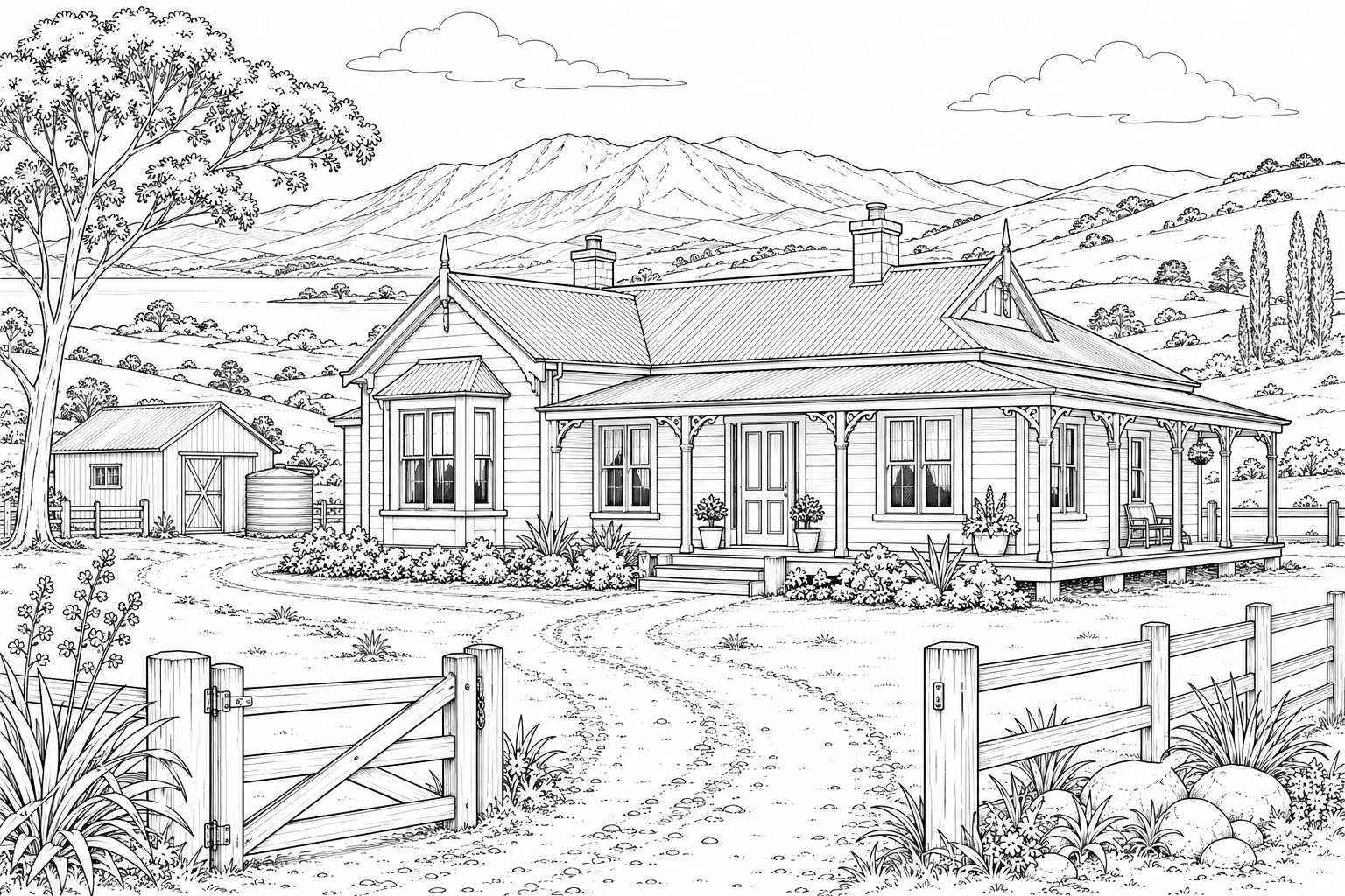 Cottage Street Scene Scene 267 Coloring Page