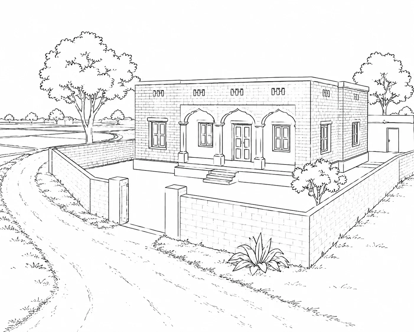 Courtyard House Scene 332 Coloring Page