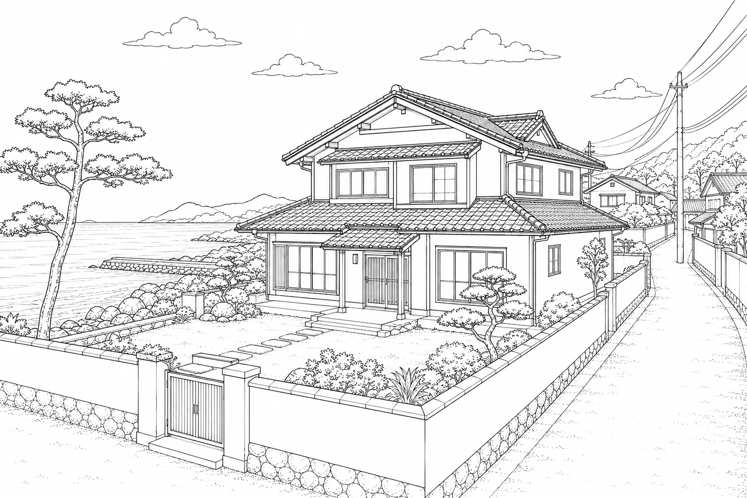 Courtyard House Scene 476 Coloring Page