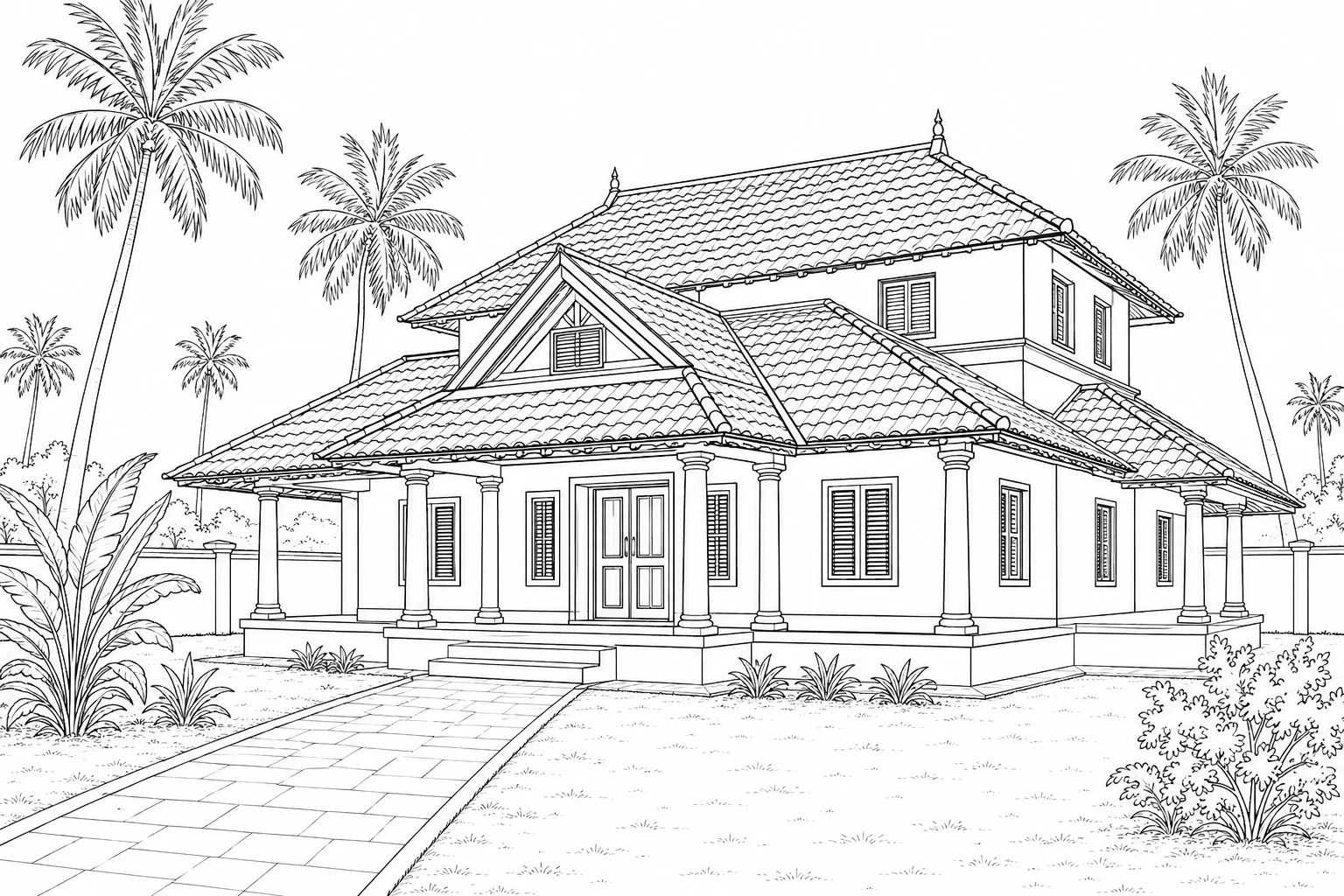 Courtyard House Scene 667 Coloring Page