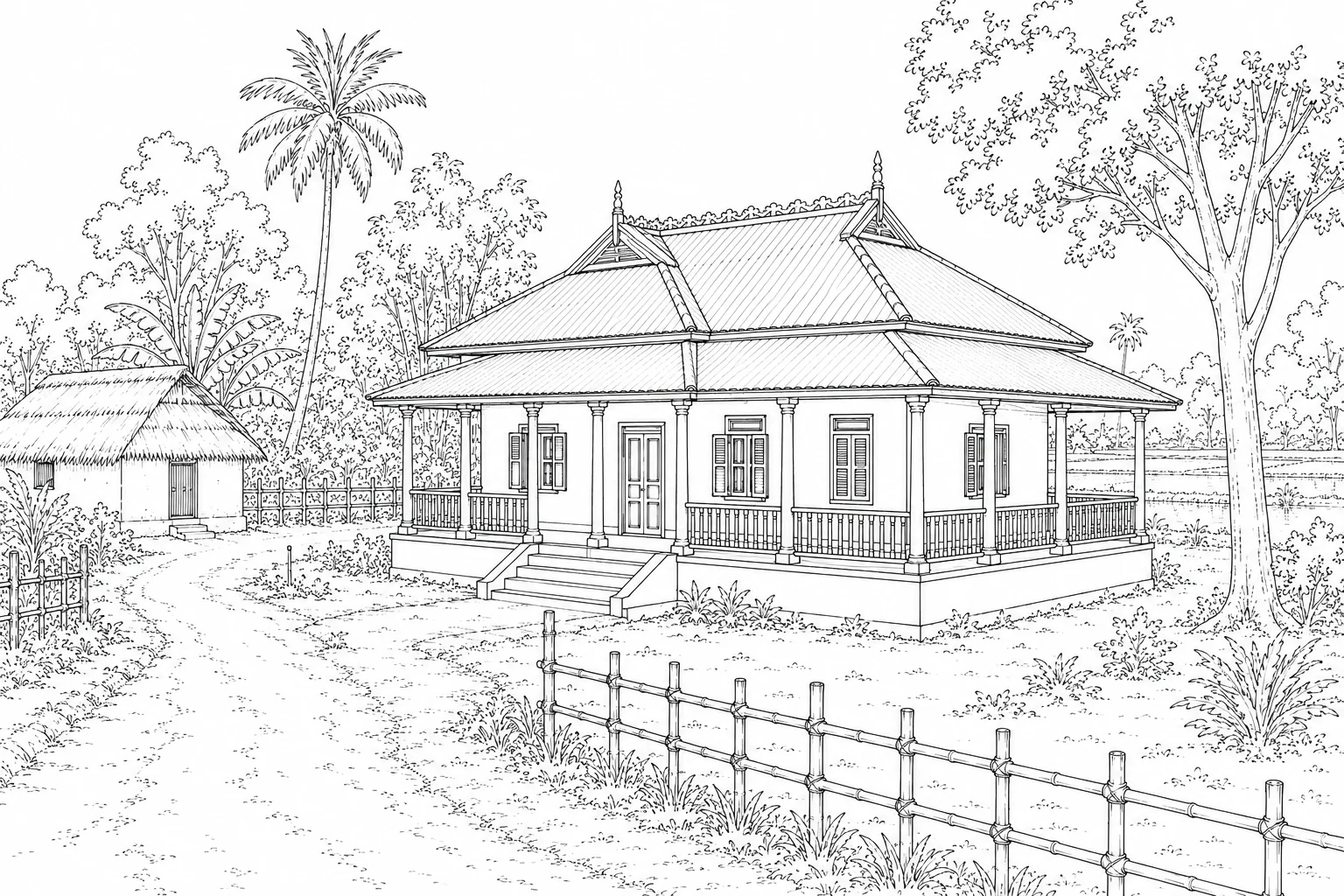 Cozy Village Home Scene 472 Coloring Page