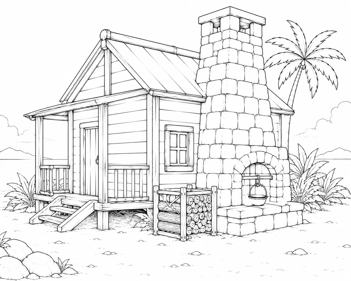 Desert Island Beach Cabin Coloring Page