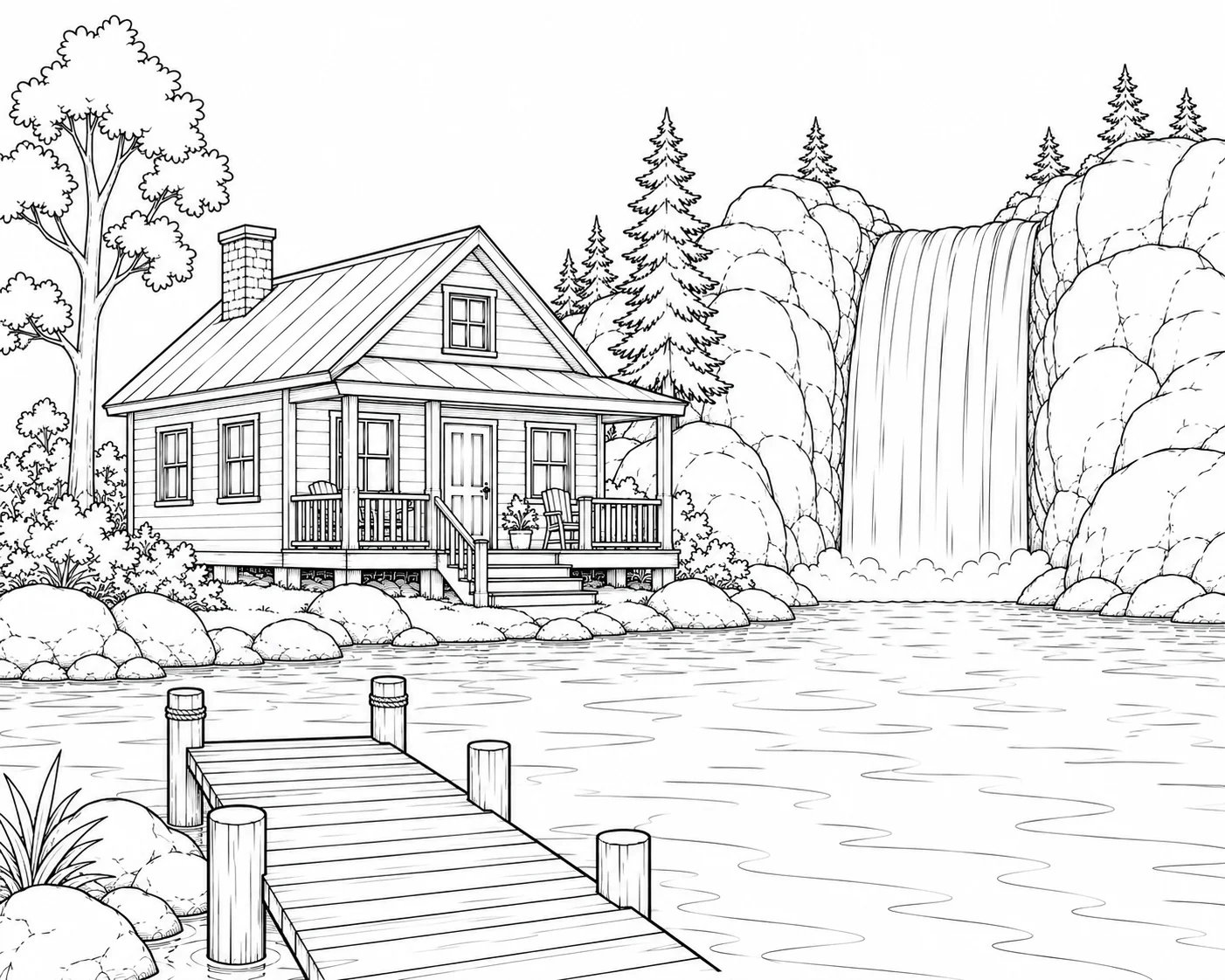 Dock Cottage Near Waterfall Coloring Page