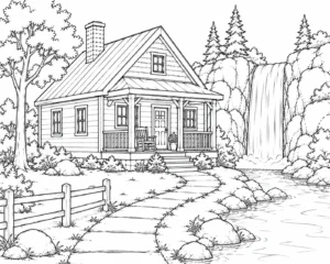 Fence Path Waterfall Cottage Coloring Page