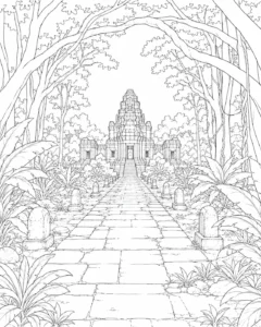 Forest Path to Ancient Temple Coloring Page
