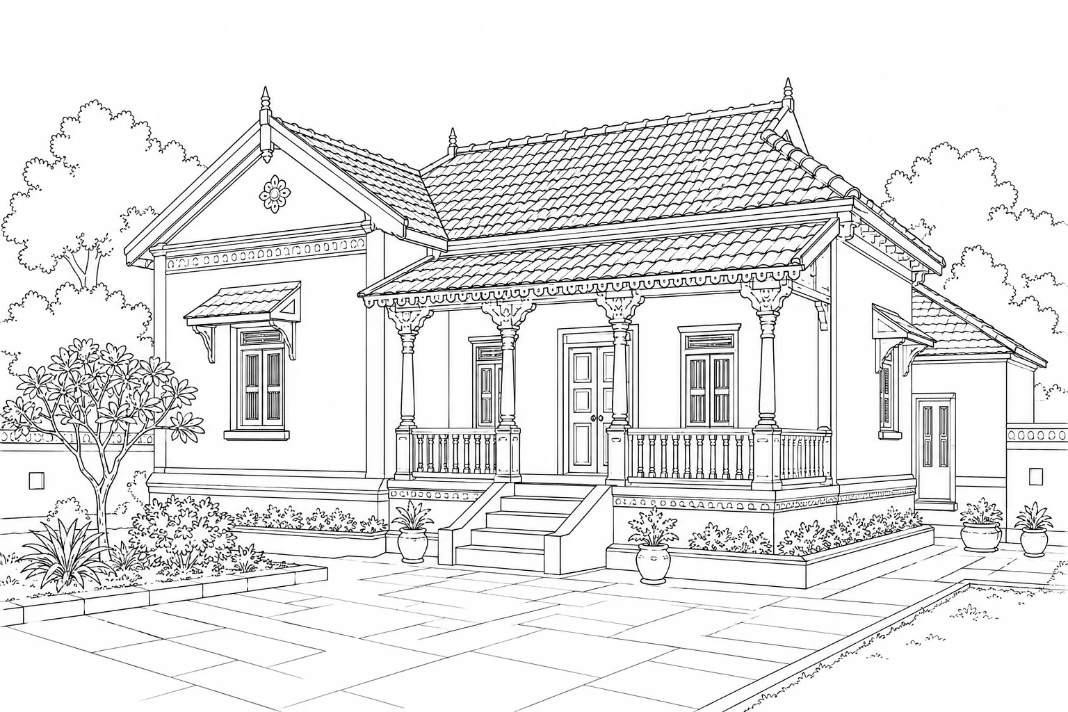 Garden Bungalow Scene 469 Coloring Page