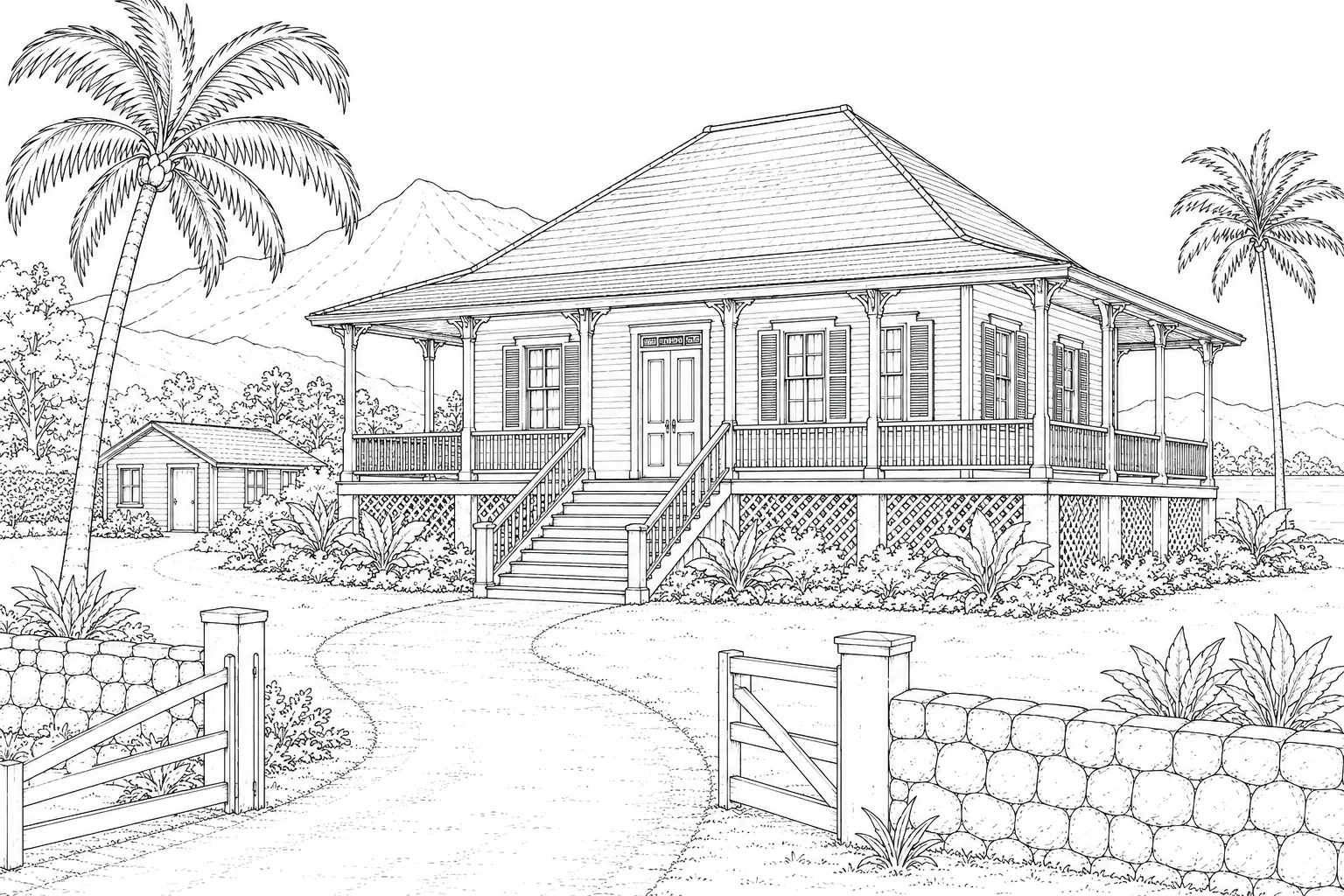 Garden Cottage Scene 518 Coloring Page
