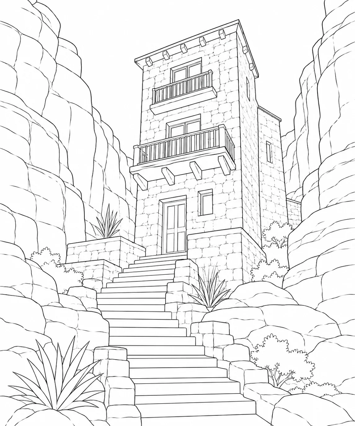 Hidden Cliffside Canyon Home Coloring Page