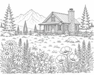 Hidden Mountain Cabin Coloring Page