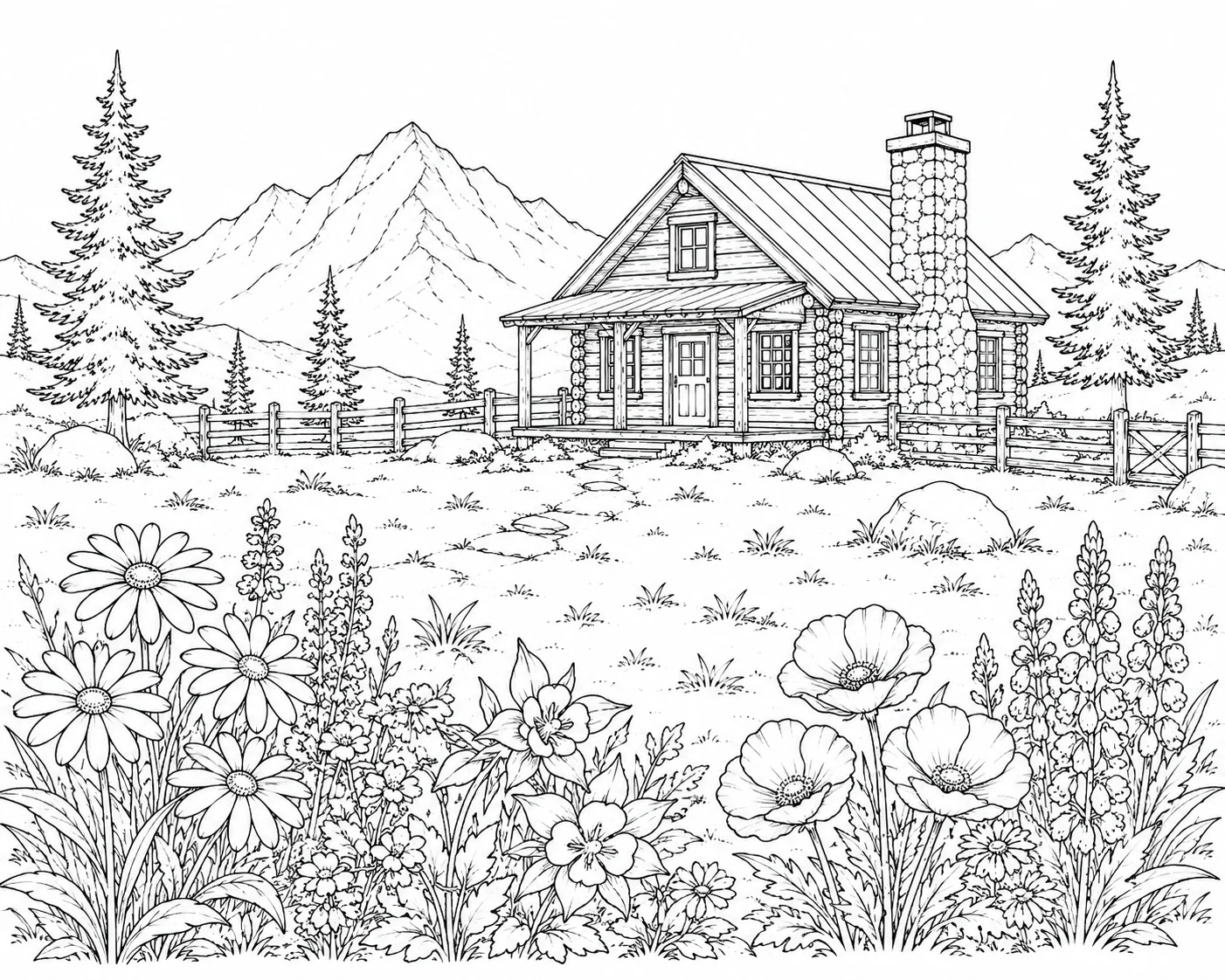 Hidden Mountain Cabin Coloring Page