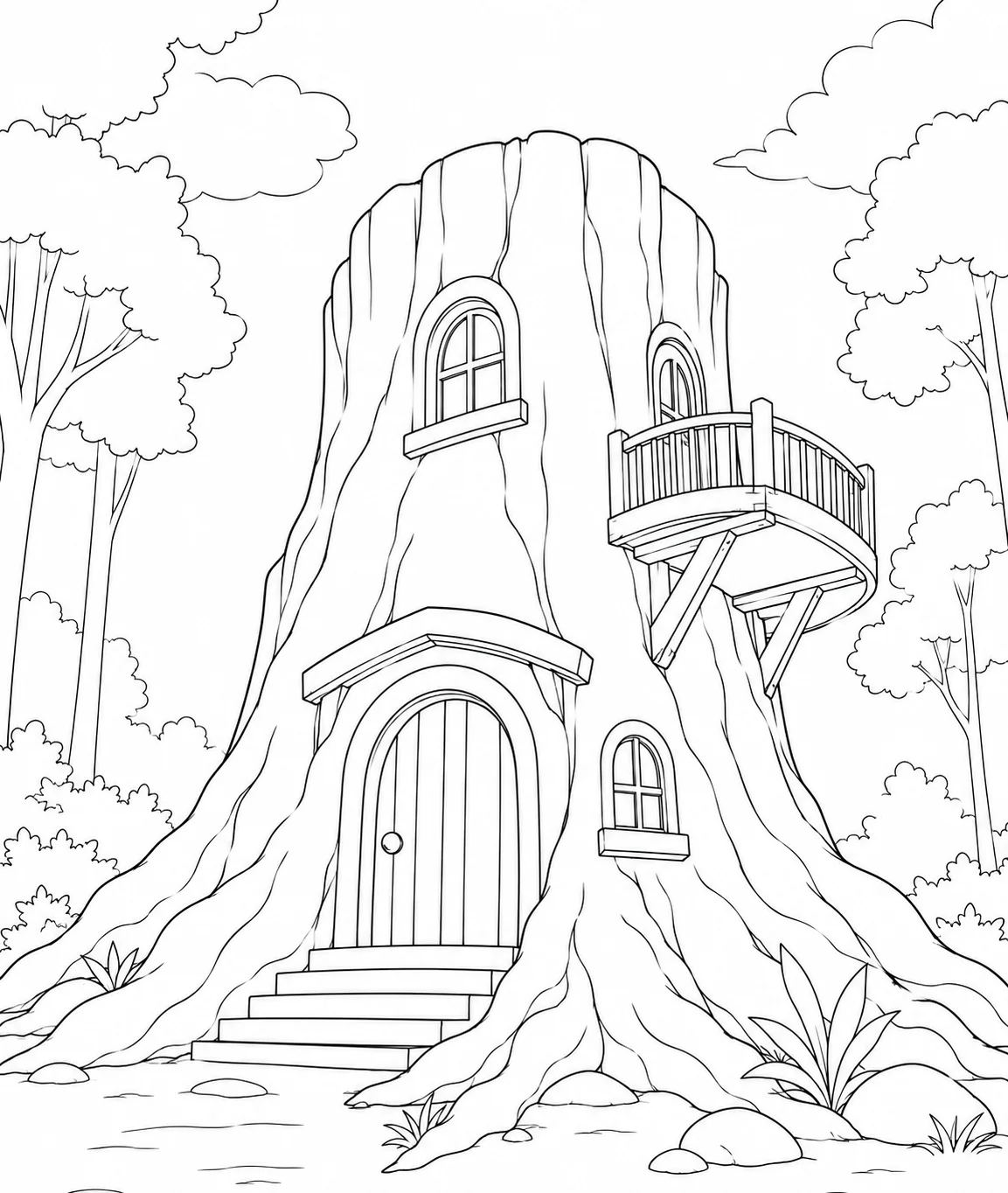 Hidden Tree Stump Cottage Coloring Page