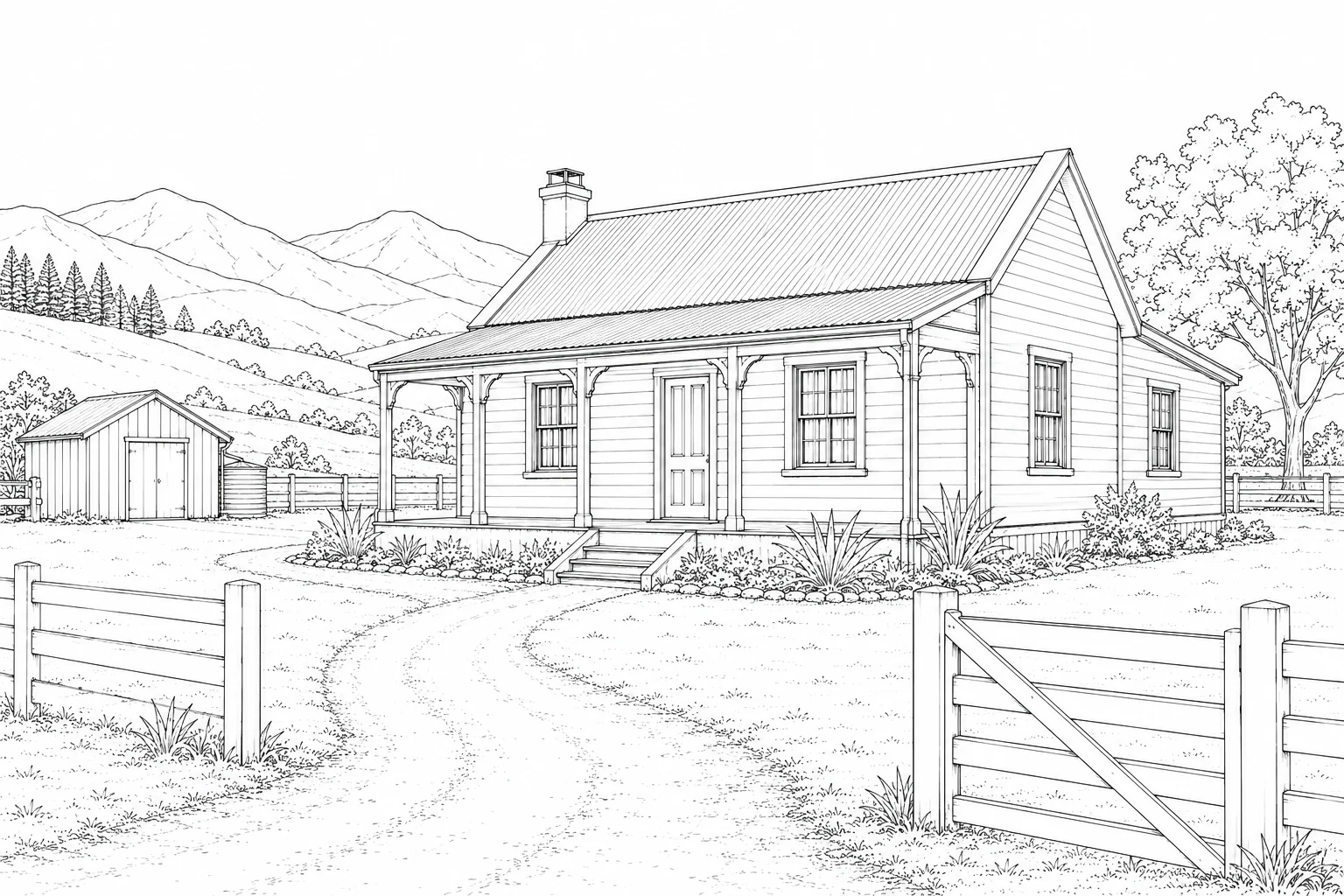 Hill Country House Scene 516 Coloring Page
