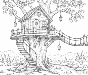 Island Treehouse Bridge Coloring Page