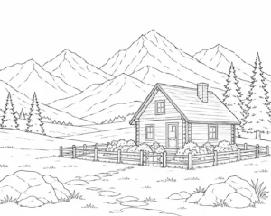 Lakefront Mountain Cabin Coloring Page