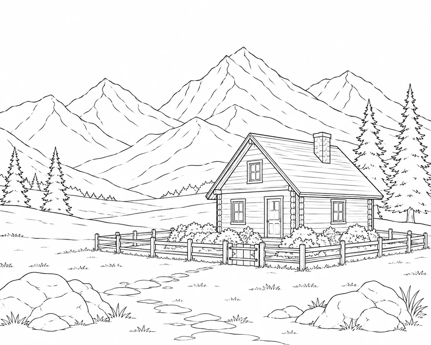 Lakefront Mountain Cabin Coloring Page