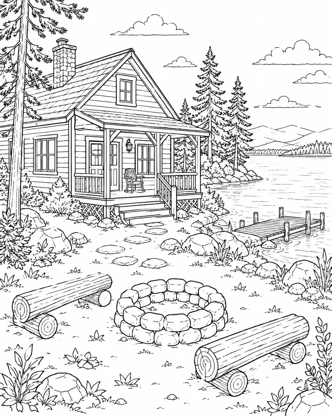 Lakeside Cabin With Firepit Coloring Page