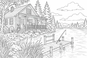 Lakeside Cabin With Fishing Dock Coloring Page