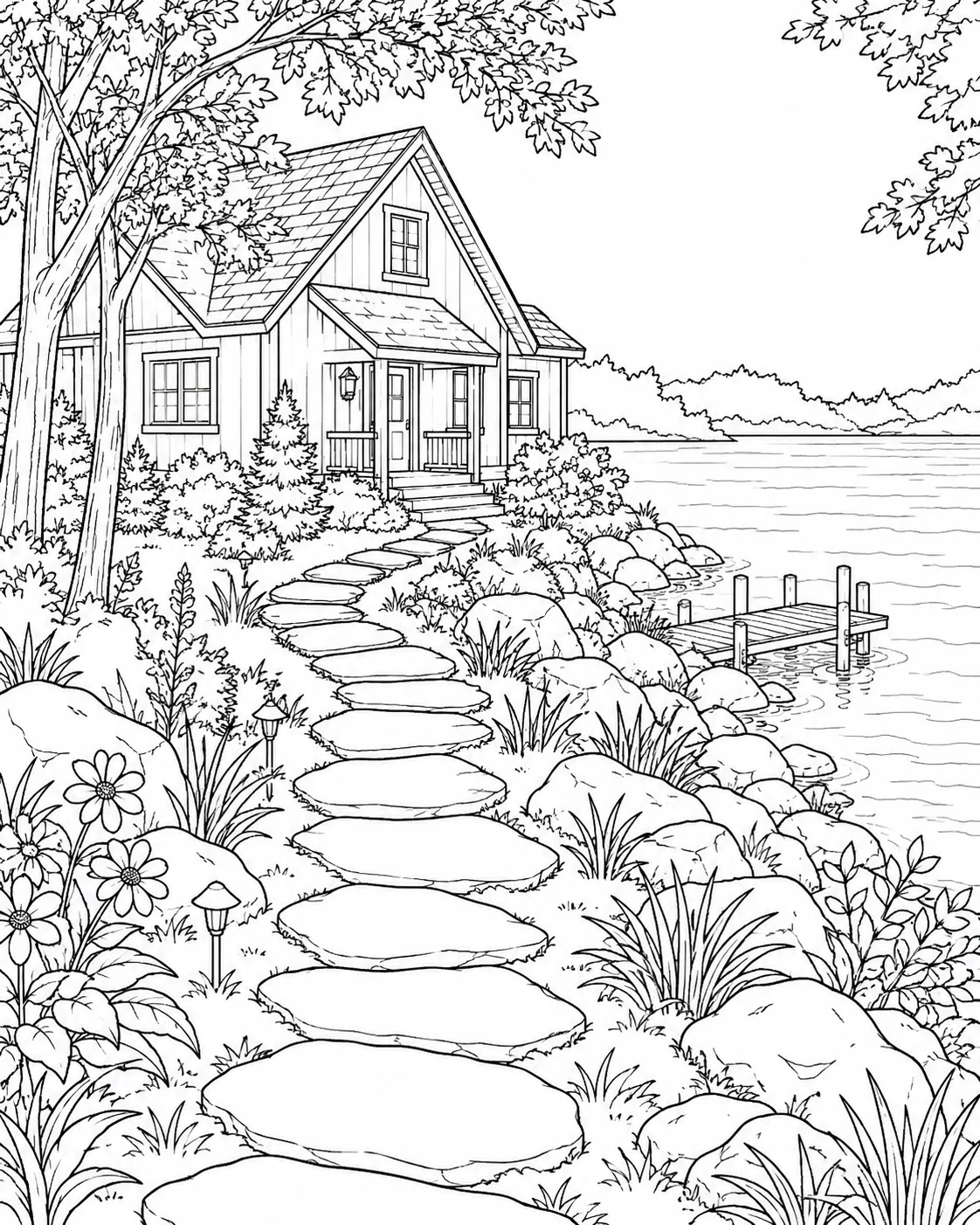 Lakeside Cottage With Stone Path Coloring Page