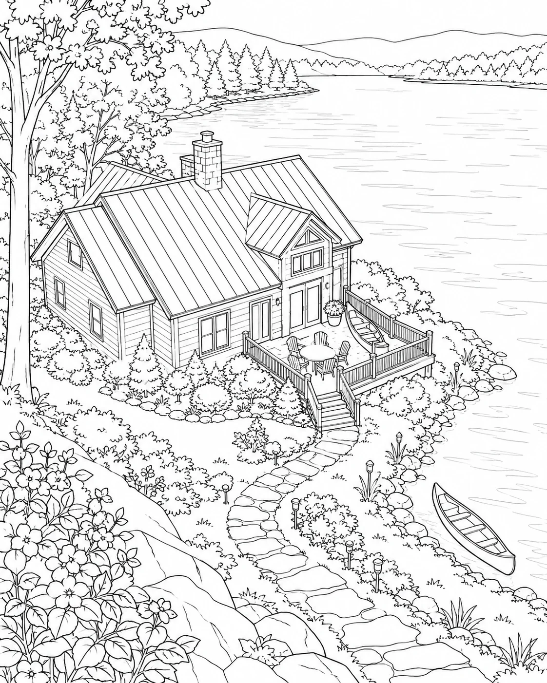 Lakeside House Seen From Above Coloring Page