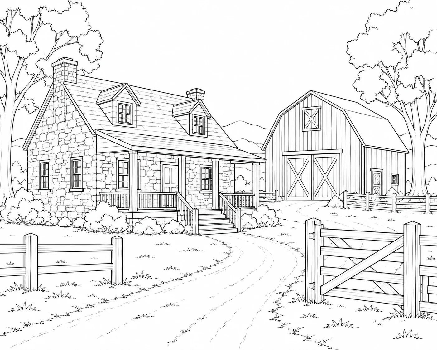 Lantern Path Tree Stump Cottage Coloring Page