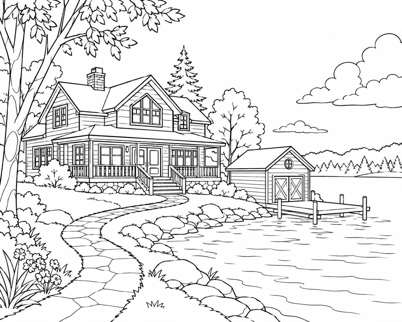Large Lake Cottage With Boat House Coloring Page