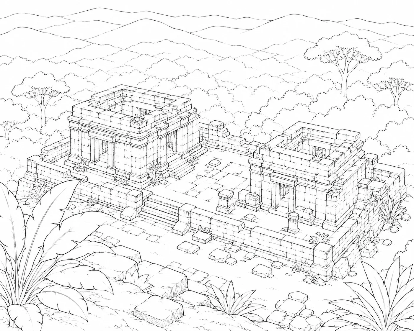 Lost Temple Complex From Above Coloring Page
