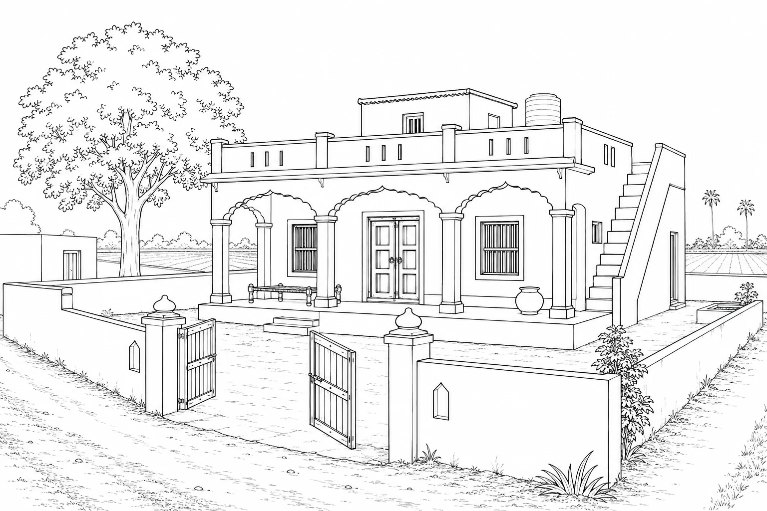 Mediterranean Villa Scene 666 Coloring Page