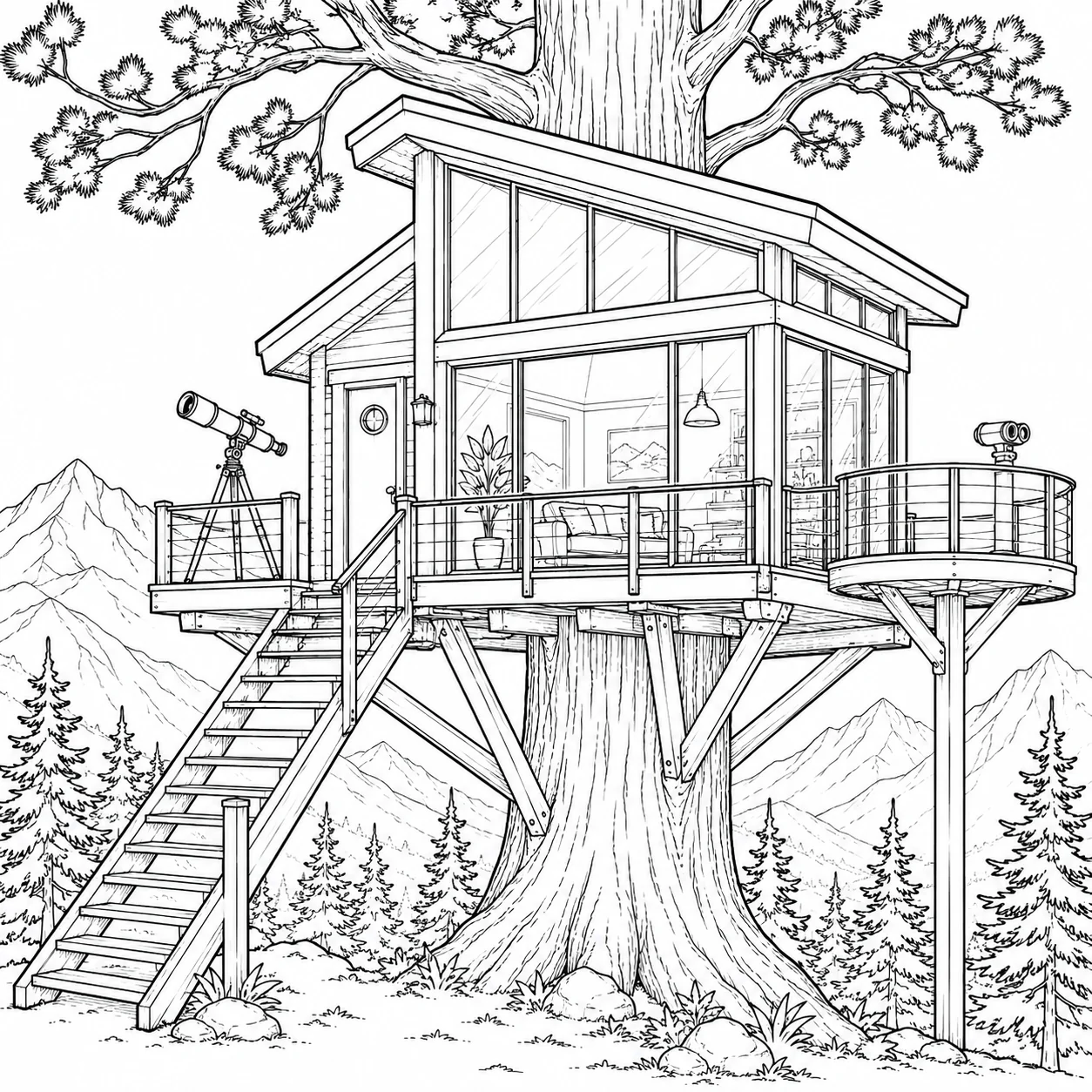 Modern Forest Treehouse Coloring Page