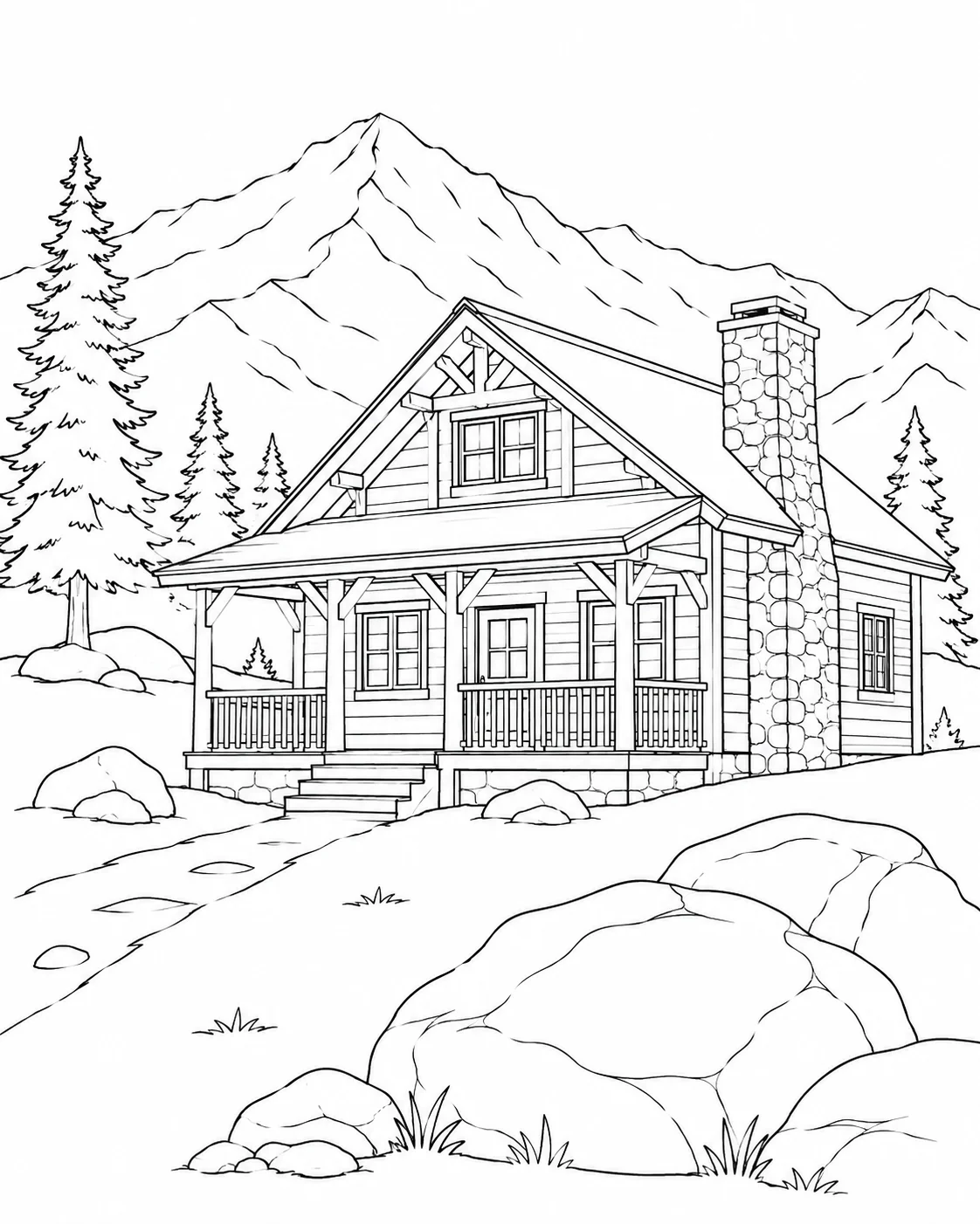 Mountain Cabin With Stone Chimney Coloring Page