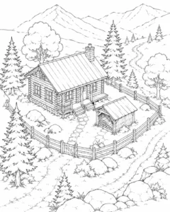 Mountain Cottage From Above Coloring Page