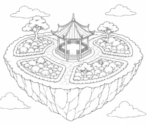 Mountain Floating Island House Coloring Page