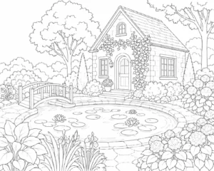 Mountain Japanese Garden Bridge Coloring Page