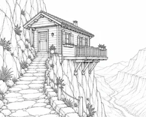 Mountain Path Cliff House Coloring Page