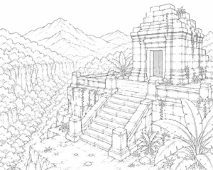 Mountain Temple Ruins Coloring Page