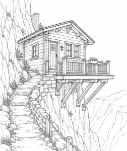 Narrow Stairway Cliff Cabin Coloring Page