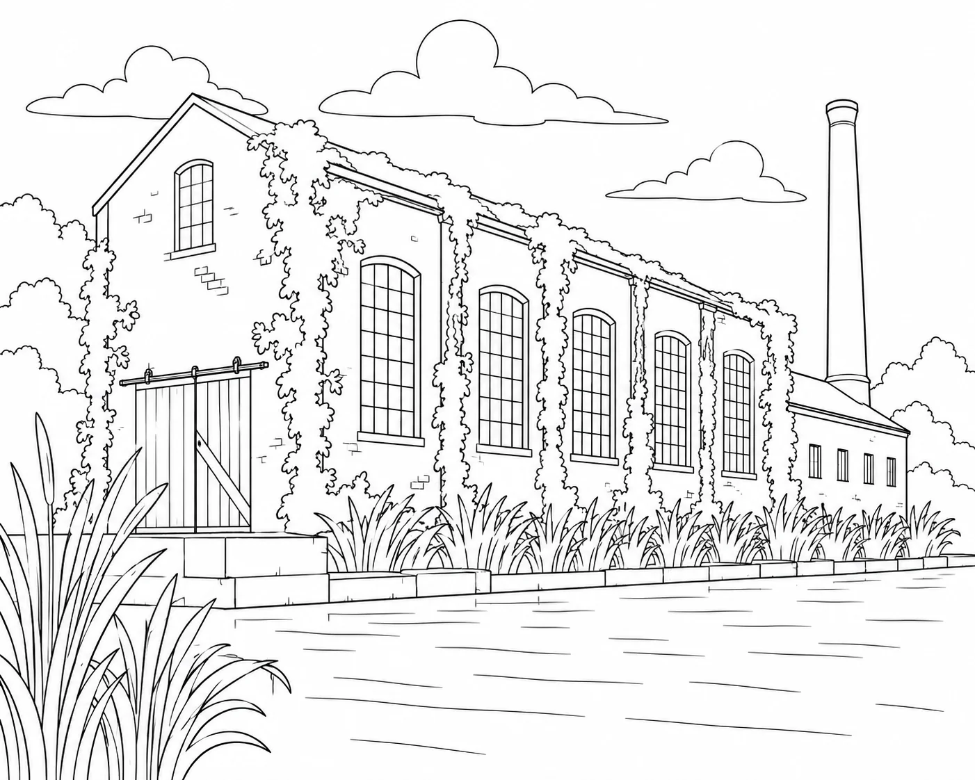 Old Industrial Building With Vines Coloring Page