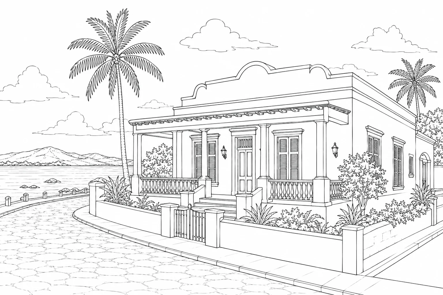 Palm Tree Villa Scene 116 Coloring Page