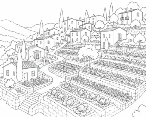 Pathway Mountain Hillside Village Coloring Page