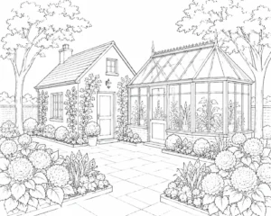 Peaceful Blooming Garden House Coloring Page