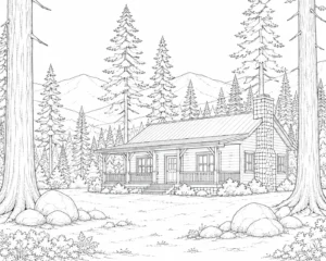 Peaceful Forest Cottage Scene 4 Coloring Page